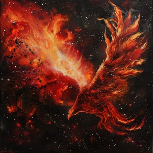 imagine,prompt:,A,fiery,phoenix,with,red,wings,flying,through,space,,in,a,naturalistic,animal,painting,style.画面描述：一只火红的凤凰在太空中翱翔，它的翅膀燃烧着炽热的火焰，照亮了周围黑暗的宇宙。凤凰的身体优雅而神秘，它的眼睛闪烁着智慧的光芒。背景是无尽的星空，点缀着闪烁的星星和暗淡的银河。整个画面以自然主义动物画风格呈现，强调细节和质感，使凤凰看起来栩栩如生，仿佛真实存在于宇宙之中。