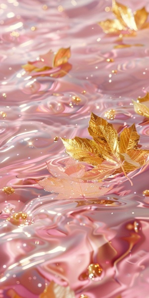 波光粼粼的水是粉色和金色，水中有金做的叶子，风格逼真，梦幻主义，浅金色和金色