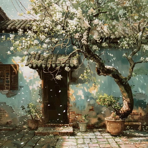 一个农村小院，中间一棵梨树，树上开满了花，风过花瓣飞舞
