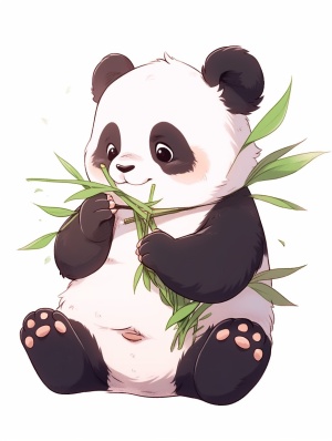 一只胖胖的可爱的小熊猫，在吃嫩绿色新鲜的竹笋，白色背景