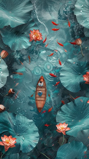 Overhead view of a boat in a lotus pond, drizzling rain Many large lotus leaves and blooming flowers on both sides People rowing a small wooden boat travelling in a lotus pond Red fish swimming around Beautiful illustration in Chinese painting style Using fantasy art style, peacock blue, haze blue Brushstrokes, aerial perspective, ultra realistic. Brushstrokes in ink painting style, high resolution. ar 9:16 v 6.0