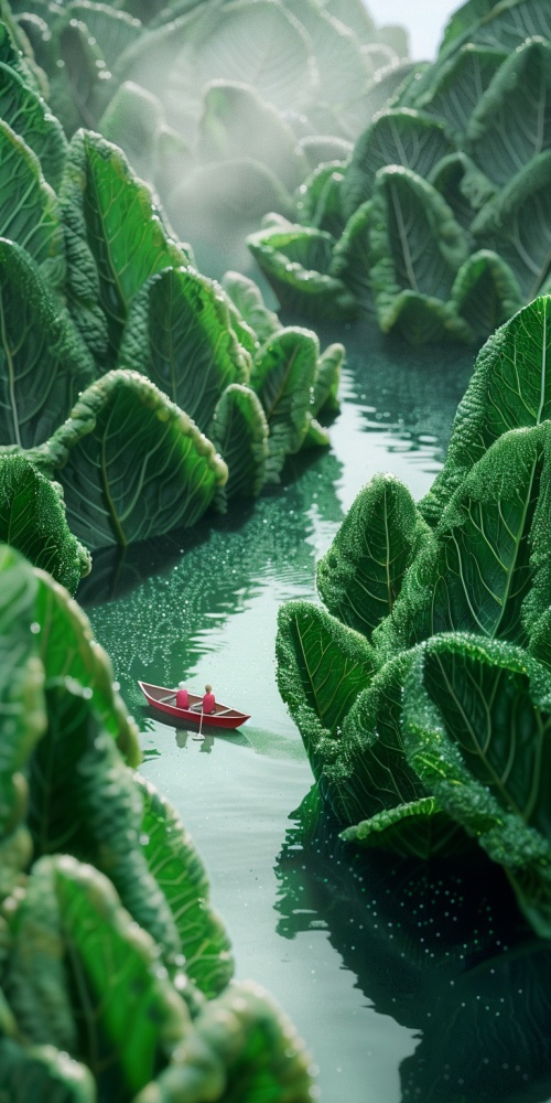 Imagine an expansive , dew - filled terrain where colossal bok choy leaves rise like lush green skyscrapers in a verdant metropolis . In the foreground , a small red boat with two tiny adventurers is rowing across a reflective water surface that seems vast and lake - like due to their miniature perspective . The leaves , with veins like roadways and water droplets like morning mist , create a fresh , organic cityscape . The boat is detailed and vibrant , contrasting with the monochromatic green of the bok c