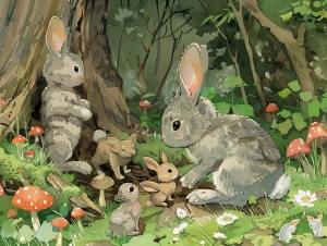 小灰兔在森林里和其他小动物玩耍