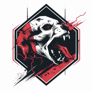 一个六角徽章，图案简单，地狱犬骷髅头，黑红色，张大嘴巴，带几何纹理，有红色闪电