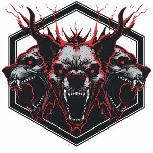 一个六角徽章，图案简单，三个头的地狱犬骷髅头，黑红色，张大嘴巴，带几何纹理，有红色闪电，有黑色火焰