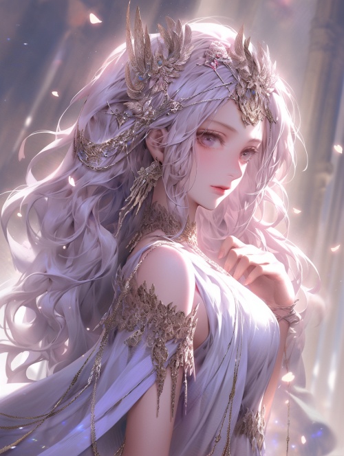 银发，紫瞳，少女，全身，古希腊神话时期