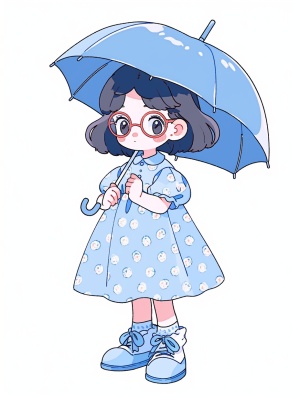 小女孩，带着眼镜，青色长裙，全身图，拿着雨伞，线条艺术，贴纸艺术，白色背景