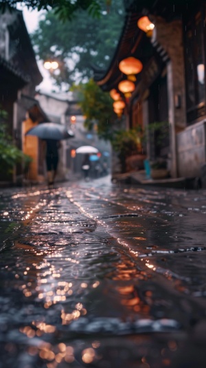 古城，镜头贴地面向前拍摄，细雨慢慢下，提现出水滴，幽静感