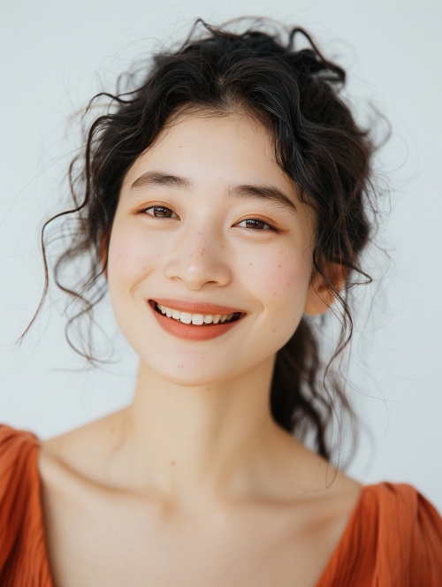 photo of a Beautiful Chinese woman with a beautiful face smiling against a plain white background, bust shot, in the style of canon R5, soft light diffused