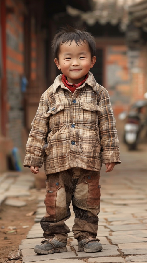 一个微脸带微笑的可爱孩子，站立，全身，从头到脚，