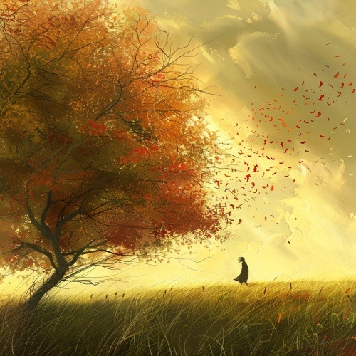 秋天的风景，孤孤单单的人物，风吹动树木，草地悠闲自在的场景