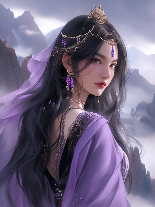 一位中国古代的女子，女子相貌美丽，黑色的飘逸长发，头上有一些紫色和金色的头饰，身穿着紫色的衣袍，耳朵上有紫色的流苏耳坠。这位女子常年在山中生活，身后的背景是一座座山脉，她是山中的神，身边有紫色的烟气。