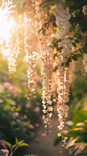 在早晨,阳光照射着悬挂在上方的白色和粉红色花朵,风格空灵。背景是绿色的植物,中间有一条小路穿过。这是一幅美丽的自然风光照片,营造出梦幻般的氛围。这张照片是用佳能相机拍摄的,具有高分辨率。