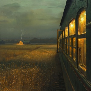 俄罗斯乡村，一列古老的火车正驶过，车窗散发着柔和的黄光，灯火在黑暗中忽明忽灭。车窗外是广袤的农田，金黄的麦穗在微风中轻轻摇曳，恬静的村庄渐渐映入眼帘，房屋的屋顶被夜色覆盖，飘逸的炊烟从烟囱中升起，衬托出一幅宁静而美丽的夜景。火车轨道铺陈在深色的土地上，远处的山脉消失在雾气中，给整个画面增添了一丝神秘感。
