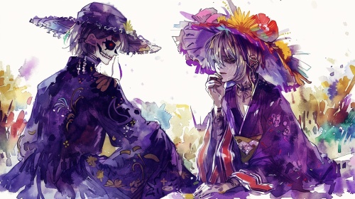 一幅以《死亡笔记》中K为原型的水彩画,穿着紫色服装和黑暗骷髅图案,戴着由霓虹色彩制成的精致帽子。坐在他旁边的是身穿美丽的传统尤卡坦服装的Misa Amane。背景颜色为白色。这幅画是Wraya Muxia风格的。