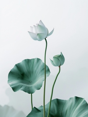 A curved lotus, two lotus leaves, tilted, super clean white space, Chinese painting style, Zen mist, water drops, misty wonderland, multi-angle shooting, the lens is on the lotus, photographer: Akira Kurosawa,inspiration From Takashi Murakami