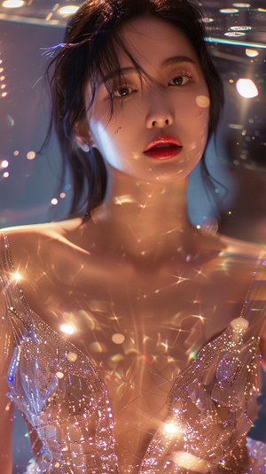 a close up of a woman in a dress standing in a room, song hye - kyo, fan bingbing, wearing a dress made of stars, wearing a sparkling dress, thierry mugler, hajime sorayama style, style of hajime sorayama, gemma chan beautiful girl, gemma chan, full body xianxia, xision wu