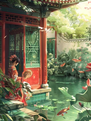 中国古典庭院，庭院中有一位睿智、和蔼可亲的婶婶。庭院中的花草香气弥漫，碧绿的菊花沐浴在热情的阳光下，红墙绿瓦衬托出庭院的宁静与典雅。婶婶轻轻地摇着扇子，坐在曲桥边，观赏着鱼儿穿梭在清澈的池塘中。她高雅端庄的旗袍，柔和的微笑勾勒出岁月的智慧与深情。周围的鸟儿欢快地唱着歌，如音符般跳跃在婶婶的身边。庭院中还有一棵巨大的古榕树，枝繁叶茂，倒映在水中，犹如一幅栩栩如生的画。这座