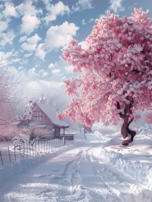 这是一个美丽的雪景，有一条雪路，路的旁边有温馨的小房子，旁边有一棵超大的粉色爱心树，心型的树，爱心树的下面也有温馨的小房子，雪非常的厚，正视图，超广角镜头、