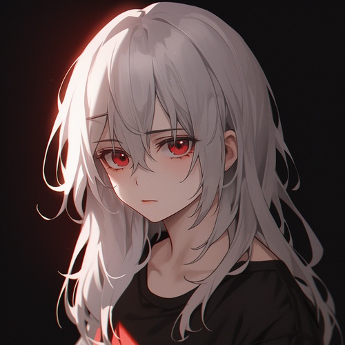 Black and white anime boy, red eyes, dark background, upper body close-up, anime style, black and white hair, anime art style, high resolution, red highlights on the left side of the face, sad expression. The cartoon character was wearing an open-necked shirt. She has long, straight silver-gray hair with bangs. She wore a pair of pink glowing eyes and highlighted eye details with red eyeliner. There are red reflections in the eyes.