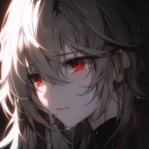 Black and white anime boy, red eyes, dark background, upper body close-up, anime style, black and white hair, anime art style, high resolution, red highlights on the left side of the face, sad expression. The cartoon character was wearing an open-necked shirt. She has long, straight silver-gray hair with bangs. She wore a pair of pink glowing eyes and highlighted eye details with red eyeliner. There are red reflections in the eyes.