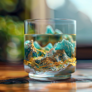 Miniature landscape, Chinese landscape, in a glass, 3d stereo effect of the mountain, blue and green color scheme, gold lines, natural light, panoramic composition, blurred foreground, HD 8k