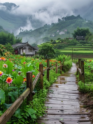 The Chinese countryside, houses in the distance, colorful flowers and green plants on both sides of a small wooden guardrail path after rain, wet ground, super high definition photographic photos, green terraced fields, a distant village house surrounded by fog, taken with a super wide angle lens, with super resolution, 32K HD quality.