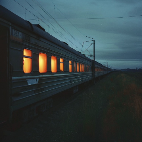 黄昏中，俄罗斯乡村，远远望去，一列古老的火车正驶过，火车的车窗里是明亮的