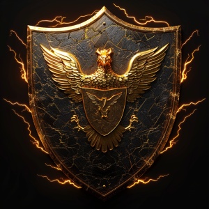 一个盾牌形状徽章，纹理带闪电，中间一个金色狮鹫，金色，张大嘴巴，带几何纹理，有金色闪电