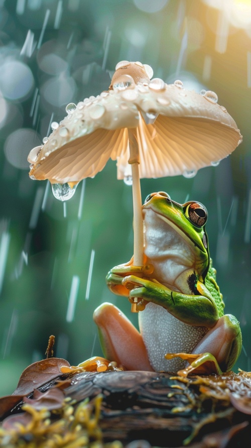 一只青蛙，举着一朵纯白色的蘑菇伞，太阳雨，雨水飞溅，晶莹剔透，微距镜头，超近景，景深，太阳光，自然光，侧光，轮廓光，高清，摄影，真实照片，聚焦，大师杰作，令人惊叹