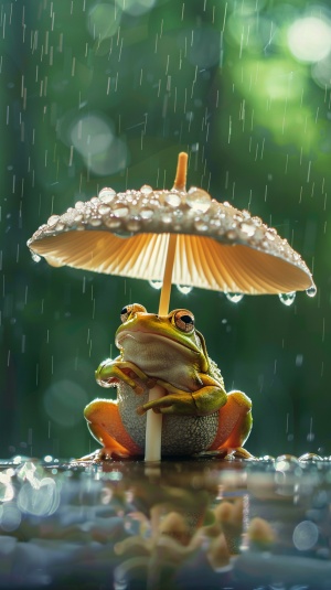 一只青蛙，举着一朵纯白色的蘑菇伞，太阳雨，雨水飞溅，晶莹剔透，微距镜头，超近景，景深，太阳光，自然光，侧光，轮廓光，高清，摄影，真实照片，聚焦，大师杰作，令人惊叹