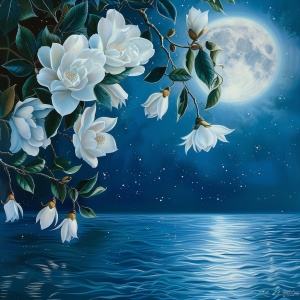 Beautiful white flowers on the water, full moon and starry sky, with blue background, high definition photography style, and a lake reflection in front of them. The magnolia tree is adorned by glowing moonlight. This is an original artwork design for a poster, with exquisite details, meticulous brushwork, and a realistic scene. It features a wideangle lens and highdefinition photography. White camellia blossoms, with green leaves hanging from its branches. ar 3:4
