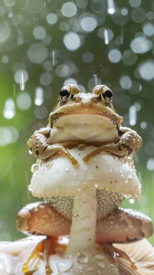 一只青蛙，举着一朵纯白色的蘑菇，太阳雨，雨水飞溅，晶莹剔透，微距镜头，超近景，景深，太阳光，自然光，侧光，轮廓光，高清，摄影，真实照片，徕卡镜头，高感光度，聚焦，大师杰作，令人惊叹
