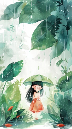 An enchanting depiction of the The rains Chinese solar term festival,spring, A little girl with an umbrella, long black hair, in a dress, behind her are large leaves with rain on them, on a rainy spring day, leaves,fairytale,watercolor painting, sense of light,fairytale fantasy, bright background, Artwork, flat illustration,Victo Nqai style, 16k,super detailed