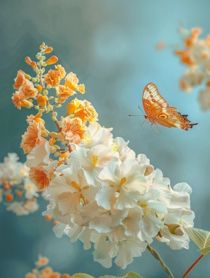 娇艳如火的紫薇花绽放在一片蔚蓝的天空下，花朵饱满而细腻，似珍珠般洁白的花瓣透过轻柔的阳光散发着迷人的光彩。细长的花梗上长满了茂密的叶子，翠绿的叶片在微风中轻轻摇曳。海棠花丛中传来阵阵甜蜜的花香，吸引了无数蝴蝶翩翩起舞。一只蝴蝶停在花瓣上，似乎在欣赏海棠花的美丽。整个画面流露出一股婉约而富有诗意的氛围，仿佛置身于仙境之中。