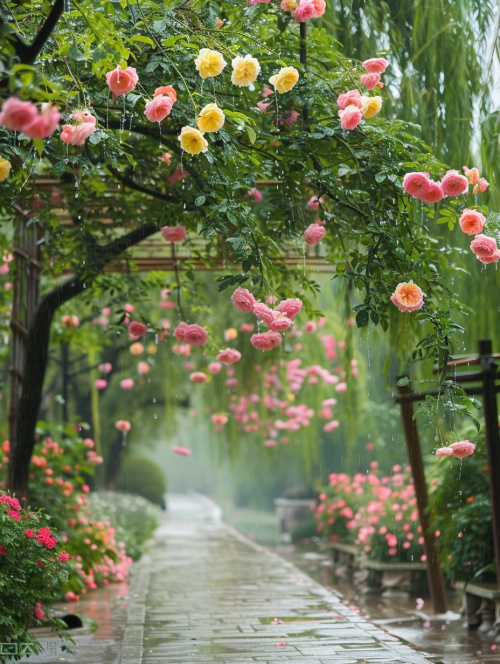 On the small bridge in the Suzhou gardens, pink and yellow roses hang from above, dripping with water droplets on them. The rain is falling heavily, green willow trees growing along both sides of the road have just sprouted new leaves. There are more than ten beautiful rose bushes. A white stone path leads to an old wooden gate at one end of it. This photo was taken in the style of Sony camera with ultrahigh definition quality. It has a dreamy feeling and is very healing. ar 3:4