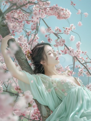 樱花树上躺一个美丽古代女子，五官淡雅精致，身材纤细，淡粉色樱花，浅蓝色天空背景，精美的衣裙浅浅绿色，绝美构图，极简，美轮美奂，雪白精致面容，少女风情，仰倒在树干上