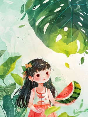 一个迷人的描绘夏天中国的节气节，夏天，一个小女孩抱着西瓜，黑色长发，穿着连衣裙，她身后是大叶子上面有阳光，在一个阳光明媚的夏天，叶子，童话，水彩画，光的感觉，童话，幻想，明亮的背景，艺术作品，平面插图，Victo Nqai风格，16k，超级详细ar3:4-s 750niji 5
