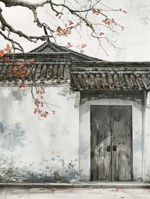 A cute [ China Hui architecture, white walls, black roof tiles. ] Clipart, organic forms, gray tone, concise, rich in details, desaturated light and airy pastel color palette, nursery art, white background.