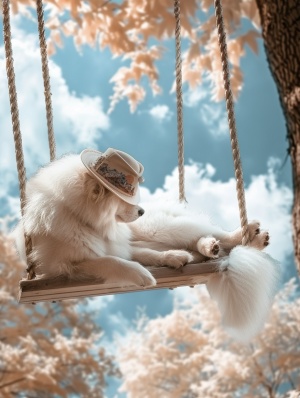 一只可爱的萨摩耶戴着帽子趴在秋千上荡秋千，公园，树木，云，清幽，梦幻。倍感轻松，高清摄影，