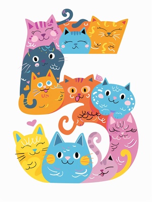 The number "5" is made up of cute cats, the colorful cats made the number and the background color cats made the blank space, with colorful cartoon characters and illustrations on the front. The background color should be white, with a simple design style and simple lines. in the style of different artists