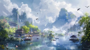 请模仿根据中国画风格桂林山水、天上有几只鸟、有房和人物，水中有船，创作一幅气韵生动的山水画8k
