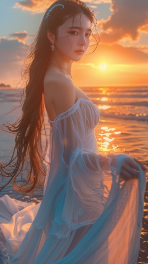 美丽逼真的场景，精致的脸 黝黑长发，黑亮的双眼，夕阳下 沙滩上穿着白色的长裙，电影般的色彩，中景，全身，微笑 8k质感电影灯光,