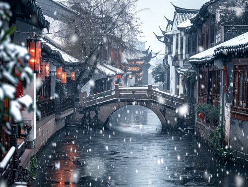 小桥流水人家，徽式建筑，江南古镇，竹子，雪，唯美意境
