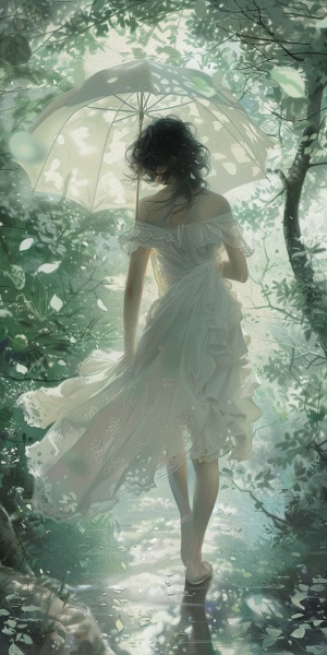 juanita zhao的一幅画，画中一位女士走过一个地区并拿着她的伞，以浪漫的柔和焦点和空灵的灯光风格，yanjun cheng，浅白和浅绿色，自然的欢乐庆典，理光ff-9d，高质量的照片，空灵的树叶