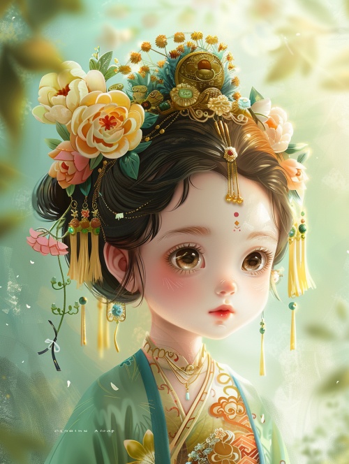 Tang Dynasty girl,The cute cartoon-vector，baby fat with chubby face, peony headdress, soft lighting and a dreamy atmosphere ,urquoise green and light yellow, Dunhuang costume, the charm of traditional Chinese culture -ar 3:4 niji6