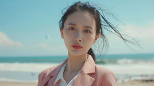 一个年轻穿休闲套装的中国美女，在海滩边散步，真人4k, 远景，电影画质