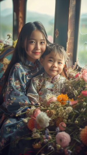 两位坐在缀满鲜花的列车上中国人,其中一位是20岁阳光长发少女,和她5岁的短发小弟弟,愉快的表情,开心,真实摄影