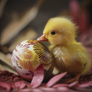 一只黄色的小鸭子在孵化一颗有着特殊花纹的蛋