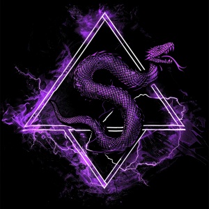 一个三角形徽章，简笔画，中间一个紫色凶猛蛟蛇，带紫色闪电，带几何纹理，黑色火焰纹理
